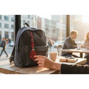 Handmade Red Crystal Beaded Bag Charm With Floral Pendant & Keychain Hook